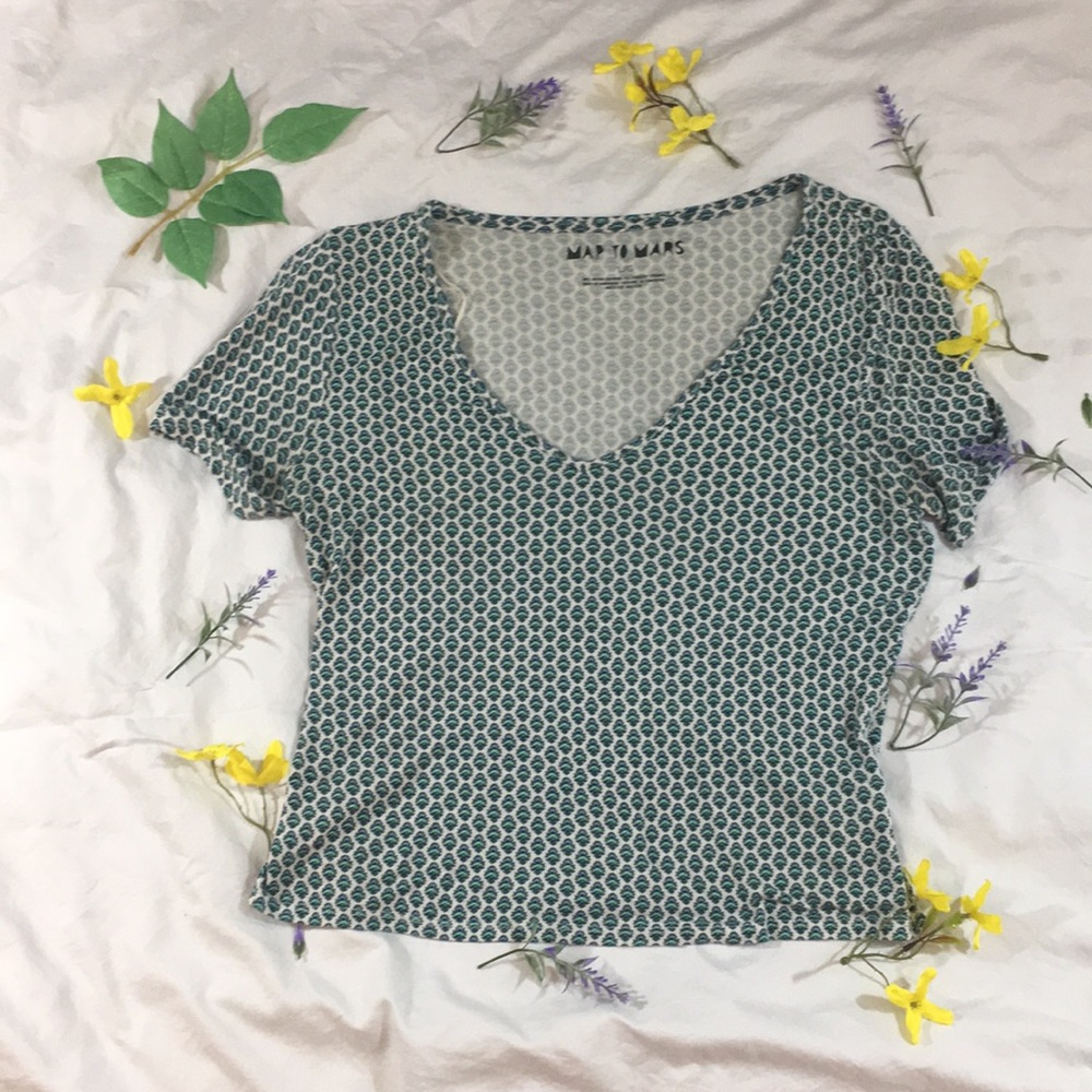 Navy and Teal Patterned V-Neck Fitted Tee